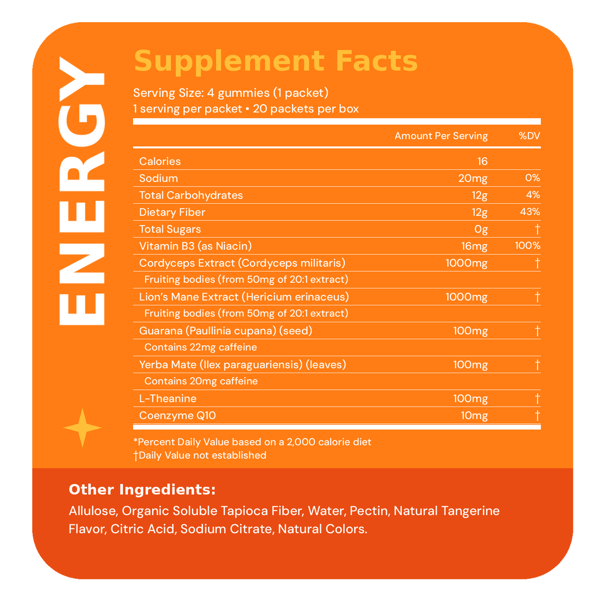 ZYLO energy supplement facts — four gummies per serving, 20 packets per box