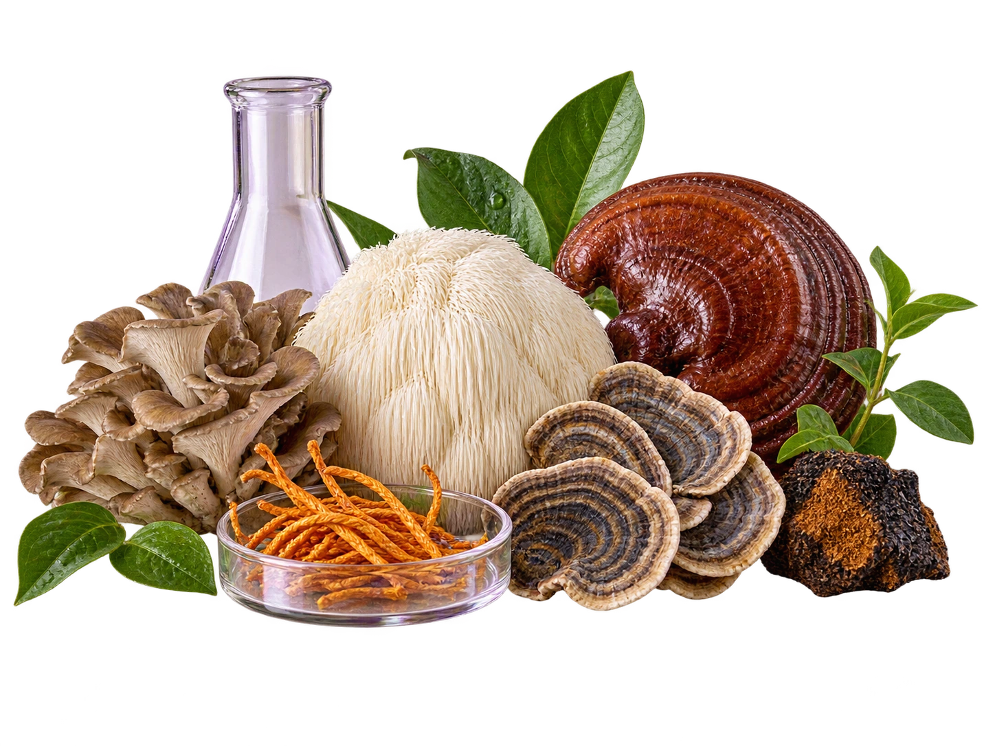 Illustrative mushrooms and botanical ingredients with glassware